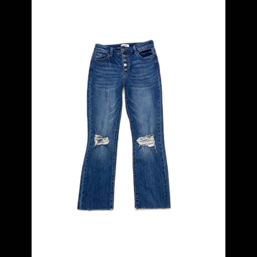 28 Ceros High-Rise Exposed Button Fly Distressed Crop Straight Raw Hem